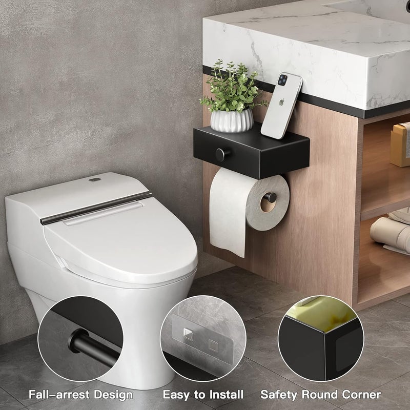 Voldra Toilet Paper Holder with Shelf Black Wipes Dispenser for Bathroom Toilet Paper Holder with Storage Upgrade Drawer Design Toilet Tissue Holder Adhesive Small Bathroom Shelf Wall Mount - Image 3